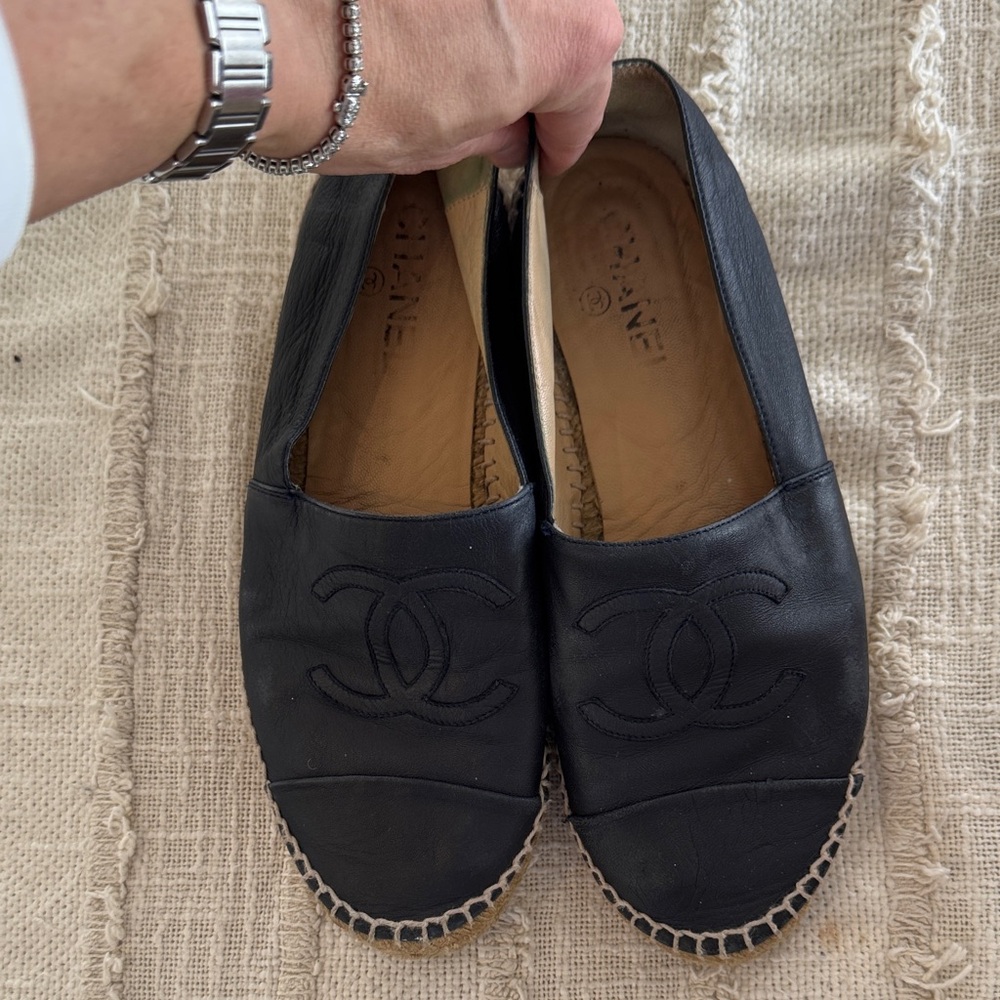 CHANEL Black Leather Espadrilles
